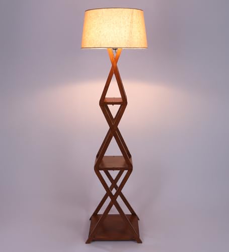 Image of XXX Modern Wooden Metal Floor Lamp with 3-Tier Storage Shelves - Geometric Cross-Frame Standing Lamp for Living Room & Bedroom - Tall Decorative Display Shelf Light with Shade