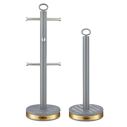 Tower Empire Mug Tree and Towel Stand Set, Stainless Steel, Non-Slip, Grey and Brass