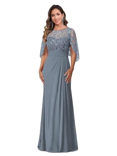 Image of Mother of The Bride Dresses - Long Chiffon Lace Appliques Cape Sleeve Ruched Waist Formal Evening Gown for Women
