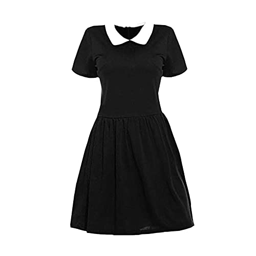 Disfraz De Cosplay De MiéRcoles Addams para Mujer De Halloween Vestido De Patinadora con Cuello De Peter Pan Vestido De Manga Larga con Llamarada Vestido De Uniforme Escolar Conjunto Completo.