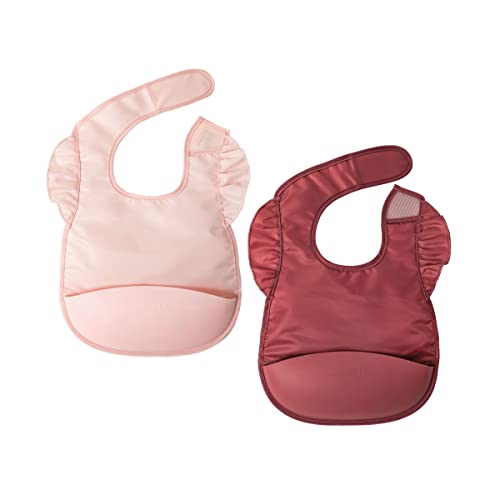 Tiny Twinkle Silicone Pocket Bibs - Waterproof Bibs Babies, Food Catching, Mess-Proof Bibs for 6-24 Months Old Baby Boy and Girl, Toddlers, 2-Pack (Rose, Burgundy)