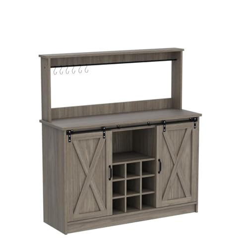4ever2buy-Farmhouse-Coffee-Bar-Cabinet-with-Sliding-Barn-Doors-50-Inch-Coffee-Bar-Hutch-with-6-Hooks-Gray-Coffee-Bar-with-9-Mug-Rack-Hutch-Cabinet-with-Storage-for-Living-Room 4ever2buy Farmhouse Coffee Bar Cabinet with Sliding Barn Doors 50 Inch Coffee Bar Hutch with 6 Hooks Gray Coffee Bar with 9 Mug Rack Hutch Cabinet with Storage for Living Room