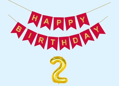 Image of 2nd Happy Birthday Decoration Kit Red for 2 year Old Boys Girls Baby with Number Two Party Decorations Decor Celebration Items Item Set Combo Reusable Paper Banner