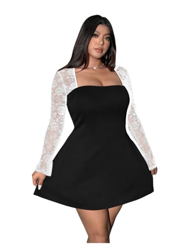 Image of Floerns Women's Plus Size Contrast Lace Sheer Long Sleeve A Line Dress Square Neck Mini Dresses