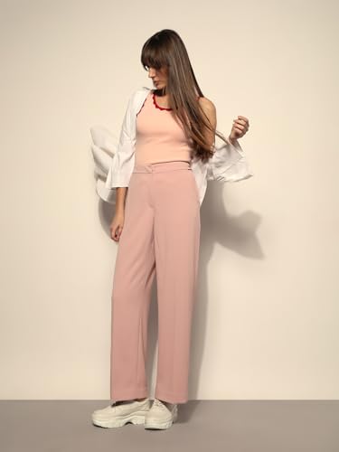 Image of VERO Moda Women's Relaxed 'Desk-to-Dinner' Straight Fit High Rise Stretch Formal Trousers | Formal Pants for Women