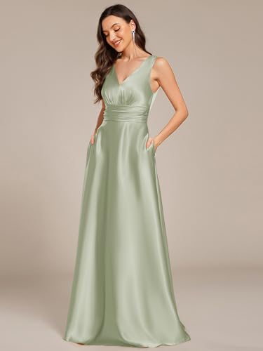 Image of Ever-Pretty Women's Summer Satin V Neck Formal Wedding Guest Dress Floor Length Empire Waist Bridesmaid Dresses with Pockets