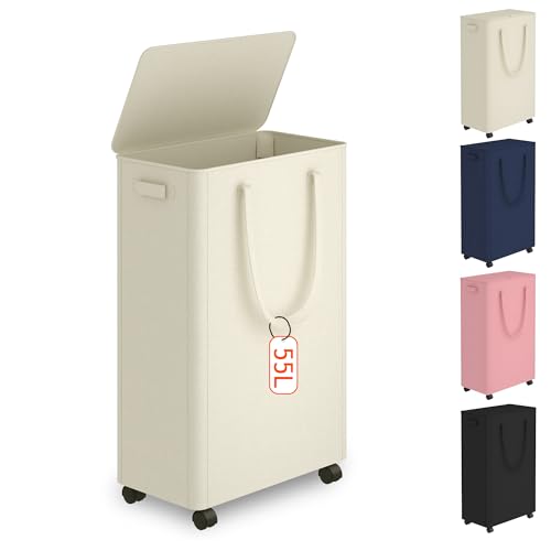 Image of Slim Laundry Hamper with Wheels,15 Gal (55L) Rolling Laundry Basket with lid and wheels Clothes Hamper Foldable Tall Dirty Clothes Basket Sturdy Collapsible Clothes Hamper for Dorm,Laundry Room