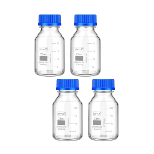 Image of Borosilicate Glass reagent bottle 25ml with leak proof Blue Screw Cap pack of 4 for glassware wide mouth chemical bottles for lab, laboratory, kitchen and professional use