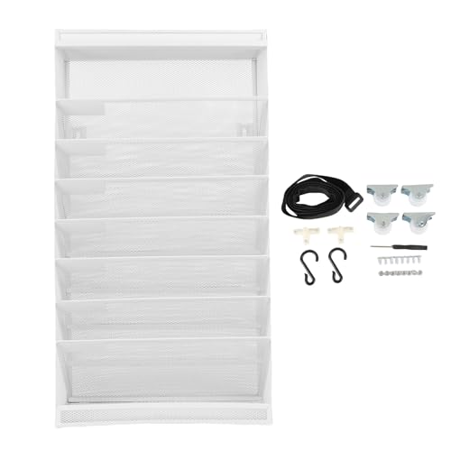 Desk Side Storage Bookshelf, Iron Mesh 9 Tier Movable Hangable Wall File Organizer with Multiple Compartments and Universal Wheels, for Office Household School