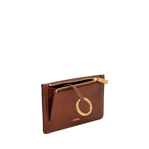 Image of Fossil Women's Logan RFID-Blocking Leather Zip Around Card Case Wallet with Keychain