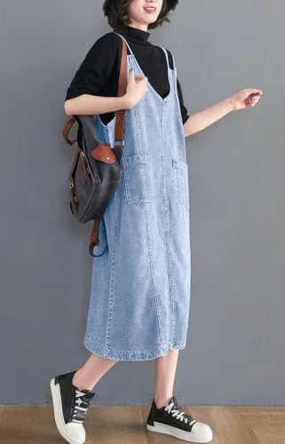 Image of ebossy Women's Sleeveless V Neck Denim Overall Jumper Dress Casual Loose Double Spaghetti Straps Midi Jean Dress