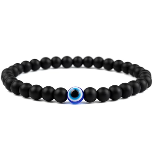 Lameybrt Evil Eye Bracelet 6mm Natural Stretch Adjustable Beaded Bracelets for Men (A15 Matte black, M (6.6"-7.5"))