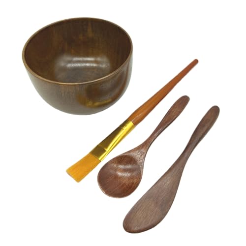 Face Mask Mixing Bowl Set Brown Wood,4 Pack Diy Facial Tools For Skin Care,Facemask Mixing Tool Kit With Facial Mask Bowl,Spatula,Spoon,Brush Applicator,Facial Esthetician Supplies