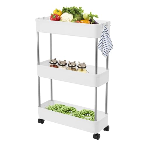 VUKHWX Estantería nicho de 15 cm, armario nicho con 3 estantes, carro nicho de 15 cm de ancho, carrito de cocina, armario de cocina blanco con ruedas, carrito para baño, estantería de cocina (blanco)