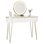 EUGAD Dressing Table with LED Lights Mirror, Adjustable Brightness, Vanity Desk with 2 Drawers, White Makeup Desk, Golden Metal Legs, 100x40cm Top, Modern Bedroom Furniture, 0057SZT