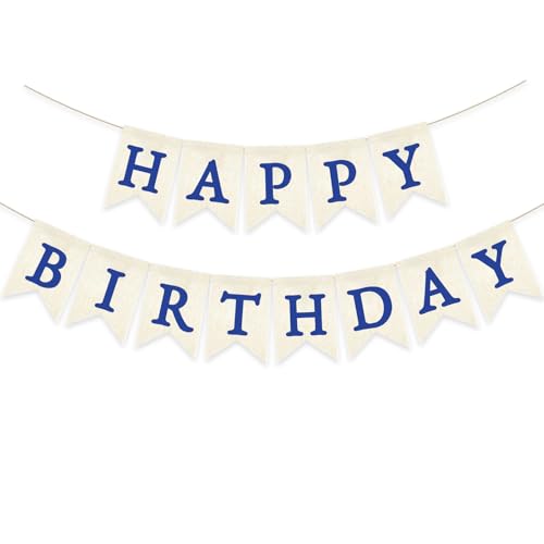 Blue Happy Birthday Banner Pre-strung Burlap Bunting Party Backdrop Sign Decoration