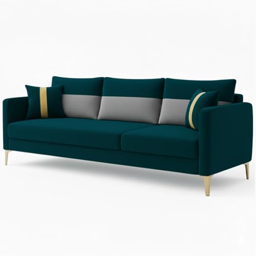 Image of FURNY Cassol 3 Seater Fabric Sofa Set (Light Grey-Greenish Teal) Premium Velvet Finish | Durable Comfort | Ideal for Living Room