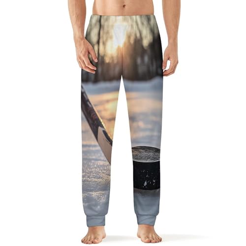 Hockey Puck And Stick Sliding Across The Ice Men's Pajamas Pants Lightweight Sleep Lounge Pant Pjs Bottoms Casual Sleepwear