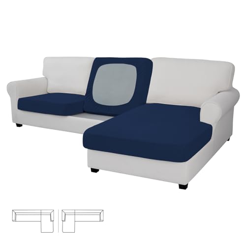 Image of Easy-Going Stretch 3 Pieces Couch Cushion Covers for Sectional Sofa L Shape | 2 Seater + 1 Chaise Lounge Left /Right L Sofa Seat slipcover Anti-Slip Sofa Cover Soft Navy