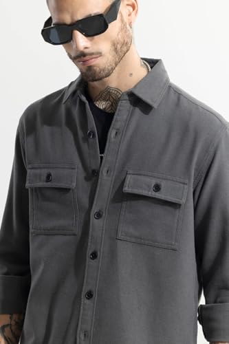 Image of SNITCH Mens Overshirt | Full Sleeve, Long Sleeve, Spread Collar, Plain Pattern, Buttoned Closure, Regular Fit | Cotton, Casual Wear, College Wear, Street Wear
