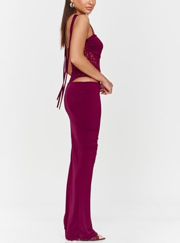 Image of Women's Lace Splicing Cutout Maxi Dress Square Neck Sleeveless Bodycon Long Dress with Sheer Corset