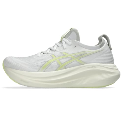 Asics Tenis de Correr Gel-Nimbus 27 para Hombre, Blanco/Amarillo Huddle, 45 EU