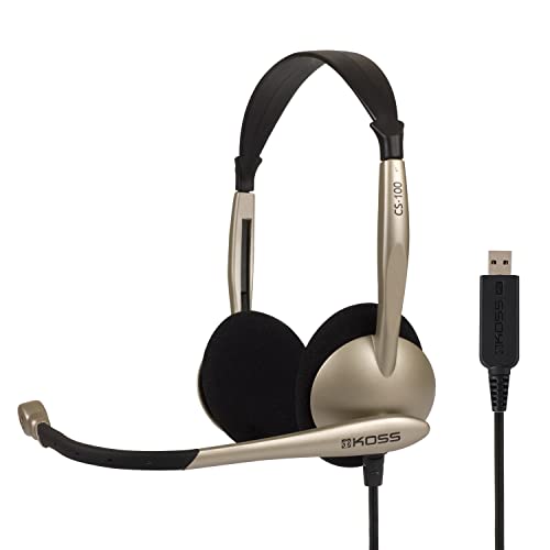 Koss CS100 USB Double Sided On-Ear Headset with Boom Microphone, Lightweight Design, Black and Beige