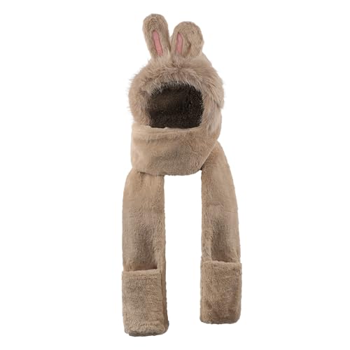 Plush Winter Warm Cartoon Bunny Ears Hat Scarf Gloves 3-in-1 Faux Fur Women Girls Hoodie Hat with Scarf Pocket Mitts