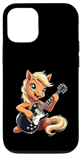 音楽愛好家のためのエレキギターを弾く面白いポニーデザイン。 スマホケース iPhone 12/12 Pro 用