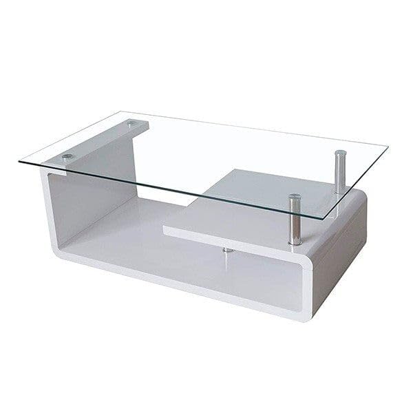 HOGAR24 ES Mesa de Centro de Cristal Transparente, Diseño Moderno, Estructura Color Blanco, Medidas: 120 cm (Ancho) x 42 cm (Alto) x 65 cm (Fondo).