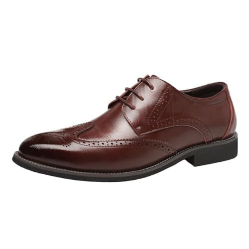 Mens Low Heels Leather Pointed Oxfords Lace Up Carved Classic Fashion Dress Shoes for Work Office Business Casual