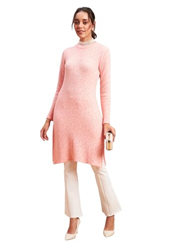 Image of Women's Woolen Winter Kurta | Ethnic Motifs Self Design Long Sleeve Straight Wool Kurti with Round Neck