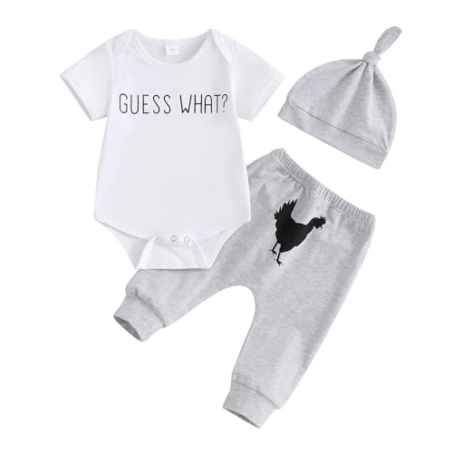 Image of Rtnnsbbfcm Newborn Baby Boy Summer Clothes Short Sleeve Letter Romper Farm Tractor Chicken Print Pants Hat 3Pcs Outfit