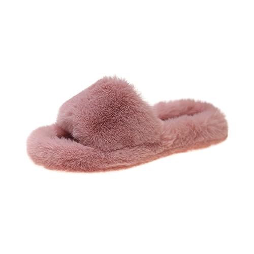 Women's Fluffy Solid Comfy Sandal Open Toe Walking Slip on Slipper Fleeve Soft Flat Slides Lounge Casual Flats
