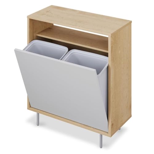 ウッドペールストッカー 脚付き ゴミ箱 ナチュラル/グレー 幅約63.4×奥行約29.1×高さ約81 15Lのゴミ箱2個付き 小物が置ける天板・収納棚 ワンルームにも置けるスッキリサイズ ダストボックス キッチン さっと捨てられるフラップ式扉 必要工具:プ