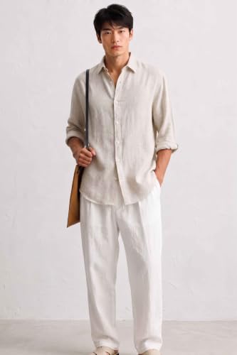 Image of Natural Men's Linen Blend Shirt Slim Fit Solid Casual