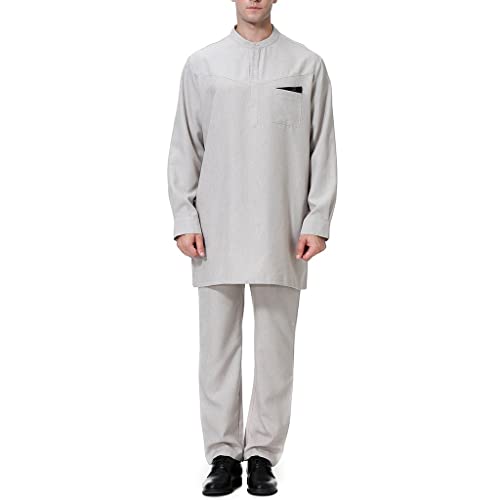ZAYZ Kaftan-Kleid für Männer, 2-teiliges Set Henley-Hemd Und Hose mit Knopfleiste Muslim Langarm Thobe Robe Outfit Arabisch Islamische Kleidung Anzug (Color : Gray, Size : M) Cover