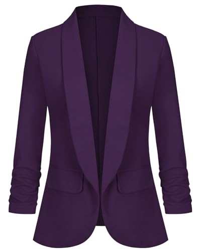 Women's Casual Open Front Blazers Shawl Lapel Ruched 3/4 Sleeve Office Lightweight Blazer Jackets with Pockets