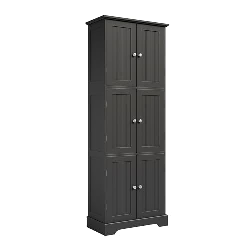 ChooChoo Tall Bathroom Storage Cabinet with 6 Doors, Freestanding Floor Cabinet with Adjustable Shelves, Black Pantry Cabinet for Bathroom, Kitchen, Laundry Room
