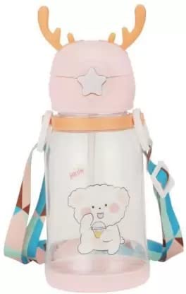 CHILDCHIC Cartoon Design 2 in 1 Sipper Water Bottle for Infant Toddler Anti-Spill Sippy Cup with Soft Silicone Straw BPA Free Anti Spill Lock Leak Proof Easy Neck Hanging Cap (Pink_500ml)-image-34