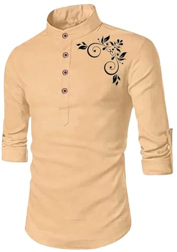 Image of DEELMO Men's Full Sleeve Short Kurta Shirt with a Trendy Mandarin Collar Crafted from a Premium Cotton Blend for Comfort Ideal for Casual and Semi-Formal Occasions