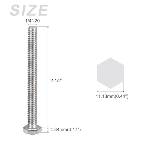 Image of METALLIXITY Hex Head Bolts (1 /4-20 x 2-1 /2 inch) 5Pcs, 304 Stainless Steel 18-8, Fully Threaded, External Hex Drive, Plain Finish, Hex Head Screw Bolt, Silver