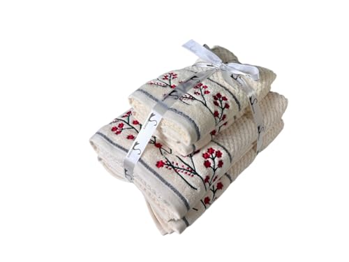 Image of SENSES By Riba Cotton Embroidered Towel Set, 550 GSM Soft & Absorbent, Antimicrobial, Oeko-Tex Certified | Ideal for Home & Gifting, Pack of 4 (2 Bath 27 inchX50 inch + 2 Hand Towels 16 inchX26 inch) - Style 14