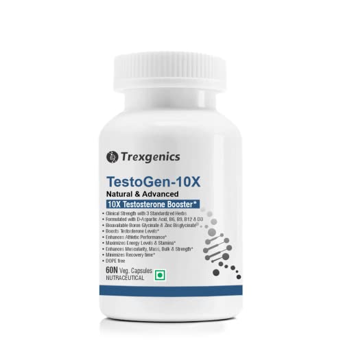 Trexgenics Testogen-10X Synergistic Testosterone and Athletic Performance Booster with Ashwagandha withanolides, Fenugreek & Tribulus saponins, Boron Glycinate,Zinc,Aspartic acid,D3 (60 x 2 = 120 Veg Capsules)