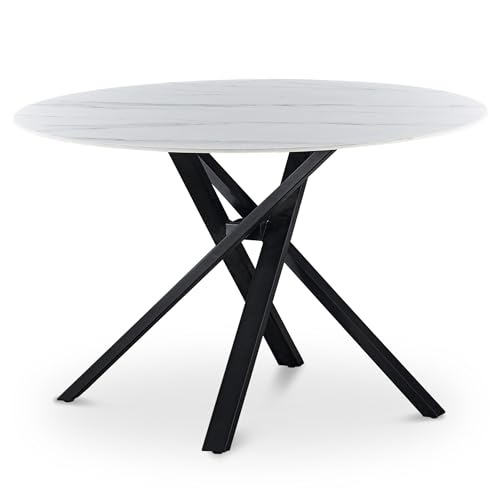 Casa Vital Keramik Esstisch PARANAJA, Ø 120x76 cm, Farbe weiß mit Marmormuster, runde Tischplatte, Metallgestell, schwarz pulverbeschichtet, 50 kg Tragkraft
