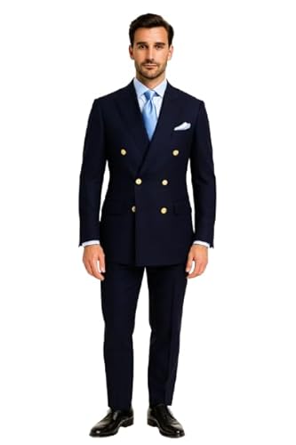 Double Breasted Blazer with Gold Buttons - Navy Blue Sport Coat (US, Numeric, 48, Regular, Short, Navy Blue)