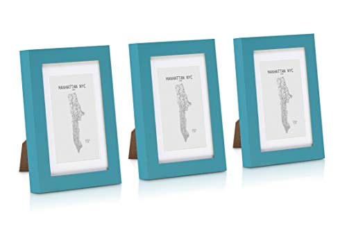 Classic by Casa Chic Paquete de 3 Marcos de Fotos 10 x 15 cm con Paspartú para Fotos 7 x 11 cm - Madera de Pino - Frente de Vidrio - Color Verde Azulado