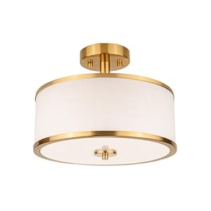 3-Light Semi Flush Mount Ceiling Light Fixture, 12.6″ Gold Drum Light with White Fabric Shade, Modern Close to Ceiling Light for Living Room Bedroom Dining Room Kitchen Hallway Entry Foyer