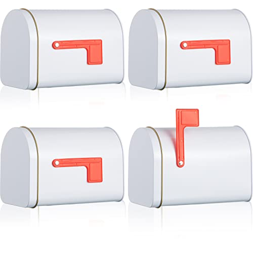 Image of 4 Pcs 6.4x4.5inch Mini Mailbox White Tinplate Mailbox Toy for Kids Small Mailboxs with Raised Signal Flags Post Mount Mailboxes for Boys and Girls DIY Projects Preschoolers Gift Exchange Activities