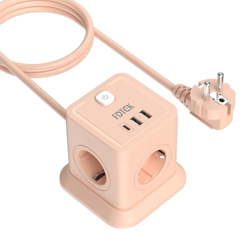 FDTEK Rose Multiprise Cube 4 Prises avec 2 USB-A et 1-USB-C, 7-en-1 Bloc Multiprise avec Interrupteur (2500W/10A), Powercube avec Rallonge de 1,8 Mètres pour...